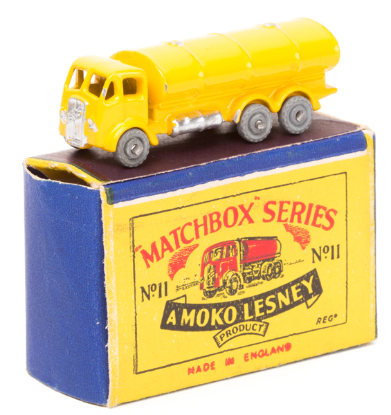 Matchbox Series No.11 ERF Road Tanker. Bright yellow body with silver radiator and fuel tanks,