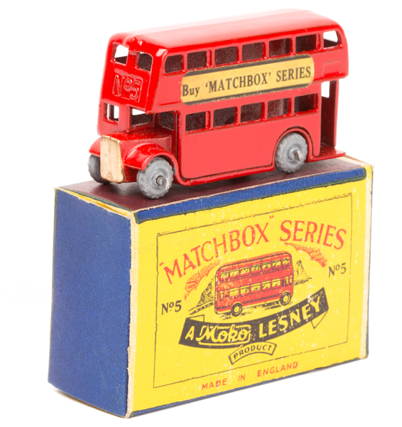 Matchbox Series No.5 London Bus. In bright red with gold radiator, ‘Buy Matchbox Series’ paper