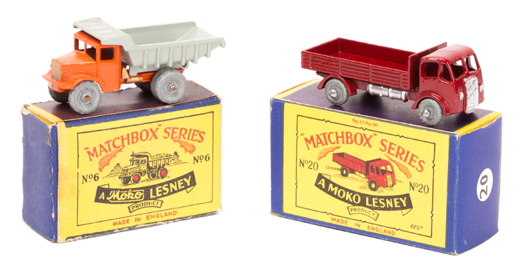 2 Matchbox Series. No.6 Quarry Truck. In orange with gold radiator, tank etc, light grey rear