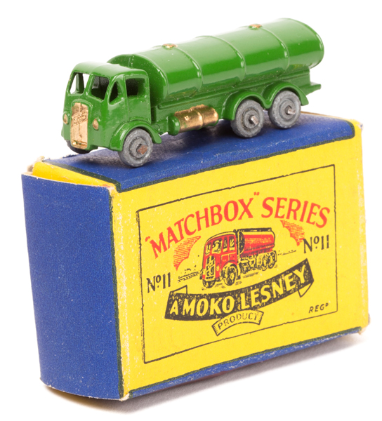 Matchbox Series No.11 ERF Road Tanker. A rare example in green with gold radiator and fuel tanks,