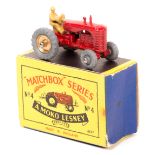 Matchbox Series No.4 Massey-Harris Tractor. In red with gold engine and wheel centres, tan driver,