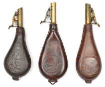 3 embossed leather shot flasks, sprung brass tops, the leather stamped with (a) 2 birds in landscape