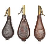 3 embossed leather shot flasks, sprung brass tops, the leather stamped with (a) 2 birds in landscape