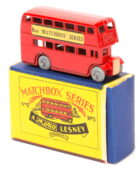 Matchbox Series No.5 London Bus. In bright red with gold radiator, ‘Buy Matchbox Series’ paper