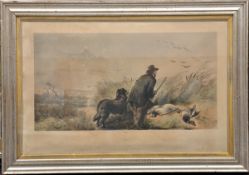 A colour tinted print “Duck” March 4th 1852, showing a man with his dog and gun, laying in wait