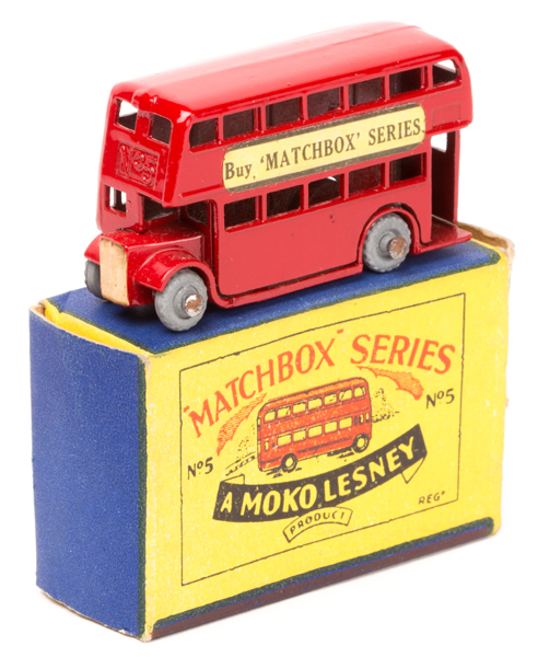 Matchbox Series No.5 London Bus. In bright red with gold radiator, ‘Buy Matchbox Series’ paper