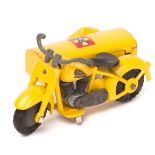 A scarce Tekno Harley Davidson motorcycle and sidecar (763). In yellow Danish Postal Service livery.