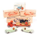 4 Britains Lilliput Vehicles. An Articulated Lorry (LV/603) in red with tan rear load platform.