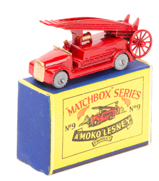 Matchbox Series No.9 Dennis Fire Escape. In bright red with gold radiator and detailing, no front