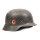 A Third Reich M35 double decal Police combat helmet, dark grey/green with national and unbordered