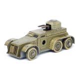 A 1930’s tinplate clockwork penny toy 6 wheeled armoured car by CKO (Kellermann) Germany. 100mm in