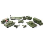 20 Military Dinky Toys. Antar Tank Transporter, 2x Centurion tanks, Medium Artillery tractor, 10-Ton