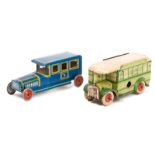 2 German tinplate Penny Toys. A limousine style saloon car, possibly by Georg Fischer, 85mm,