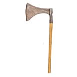 A large heavy German or Scandinavian wrought iron woodman’s axe of “execution” type, the blade
