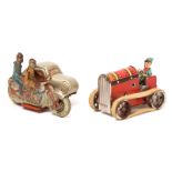 2 tinplate Penny Toys. A 1920’s Arnold clockwork penny toy motorcycle and sidecar. 90mm,