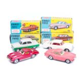 4 Corgi Toys. Ford Consul Saloon (200) in green and cream. Volvo P.1800 in pink with yellow