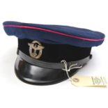 A Third Reich service official’s peaked cap, of dark blue cloth with black velvet band, pink piping,