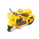 A scarce Tekno Harley Davidson motorcycle and sidecar (763). In yellow Danish Postal Service livery.