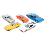 5 1960’s Italian Politoys Export 1:43 scale cars. Bertone Corvair in yellow, plus a Lamborghini