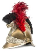 A late 19th century French cuirassier helmet, brass skull with WM binding to back and front peaks,