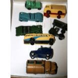 8 Dinky Toys. A single deck bus (29e) with cream body, blue flashes and black wheels. A Bedford