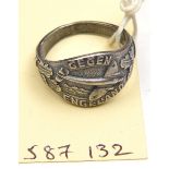 A German die cast grey metal ring, embossed with a representation of a Heinkel III, oak leaves,