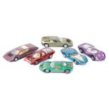 6 Auto Pilen cars. A Porsche Carrera 6 (303) in purple, Mercedes C 111 (321) in metallic green,