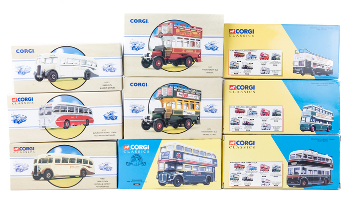 14 Corgi Classic Buses and Coaches. 2x Routemaster – Omnibus Shilibeer and London Transport in ‘