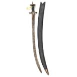 A tulwar, curved blade 29½”, with 3 shallow fullers, solid iron hilt with crossguard, langets,