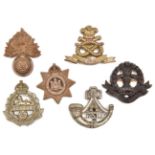 6 WWII infantry plastic cap badges: R Fus, Devon, E Lancs, KSLI and Middlesex GC to VGC, and N