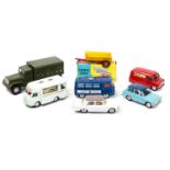 7 Corgi Toys. Mechanical Bedford CA KLG Plugs in red, Commer County Police van in metallic blue with