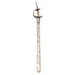 An 18th cent Indian sword khanda, broad blade 30”, slightly swollen towards rounded tip, reinforce