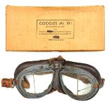 A pair of WWII period goggles, (some service wear, one side panel cracked) in a later cardboard