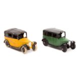 2 Dinky Toys TAXI 36g. A rare late 1930’s example in yellow and black, with open rear window, smooth