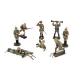 8 Elastolin German Army figures. Officer saluting, 2 soldiers standing to attention, soldier running