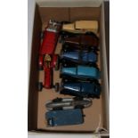9 Dinky Toys. 4x 36 series cars with black wings and wheels; a Rover (36d) in dark blue, an