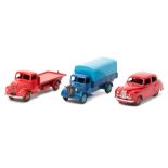 3 Dinky Toys. Austin Wagon (30S) in dark blue with mid blue tinplate rear tilt with mid blue wheels.
