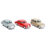 3 early Corgi Toys. Hillman Husky in fawn, Riley Pathfinder in red and a Morris Cowley in light