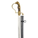 An Imperial German artillery officer’s sword, curved, fullered blade 32”, foliate panelled brass