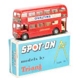 A Spot-On Routemaster double deck bus. In red London Transport livery, with Ovaltine adverts to
