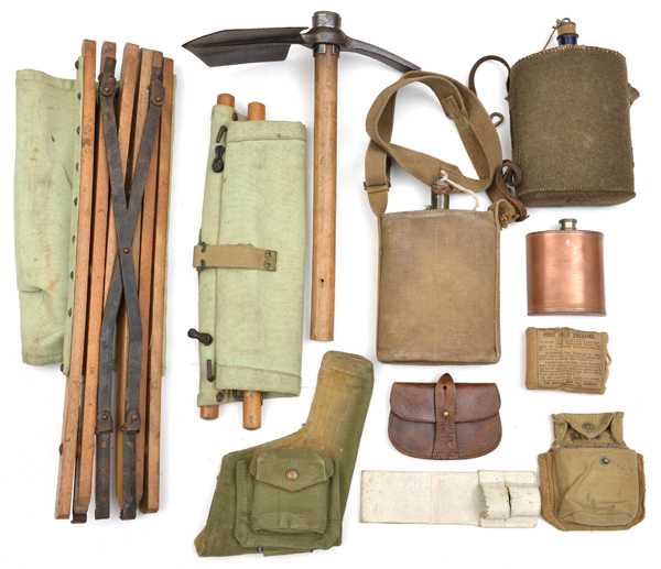 A 2 part entrenching tool, steel head, wooden haft; a small copper hip flask, WM screw top; a