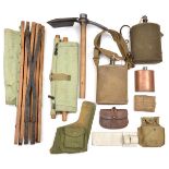 A 2 part entrenching tool, steel head, wooden haft; a small copper hip flask, WM screw top; a