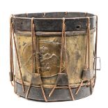 A Russian Crimean War period military drum, brass cylinder bearing the Russian double headed eagle