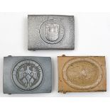 3 Third Reich rectangular belt buckles: Justice Department, khaki painted steel; Hamburg Fire