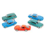 5 Politoys Export 1:43 scale cars. Pininfarina Alfa Romeo Giulia 1600 Sport in red, an NSU type