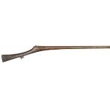 An Indian 30 bore matchlock gun, 70” overall, fluted barrel 51” with inscription in top flute,