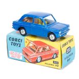 Corgi Toys Hillman Imp (251). In metallic blue with yellow interior. Boxed, minor creasing.