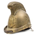 A similar French helmet, with scroll and foliate bordered HP bearing a turreted country mansion,