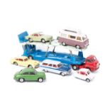 7 Corgi Toys. A Bedford ‘S’ type Carrimore car transporter in two tone blue with red cab. Plus a