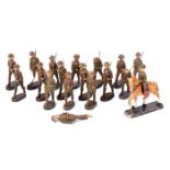 14 Elastolin British Infantry in tin helmets. Marching at the slope and mounted Officer with